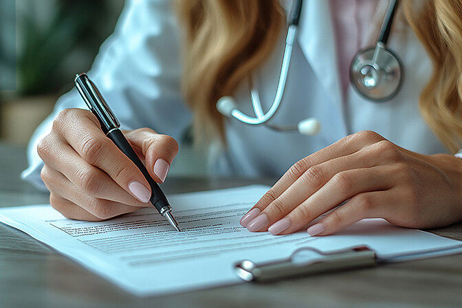 Eine Ärztin, von der nur der Oberkörper und die Hände zu sehen sind, sitzt an einem Tisch und schreibt etwas auf einem Klemmbrett