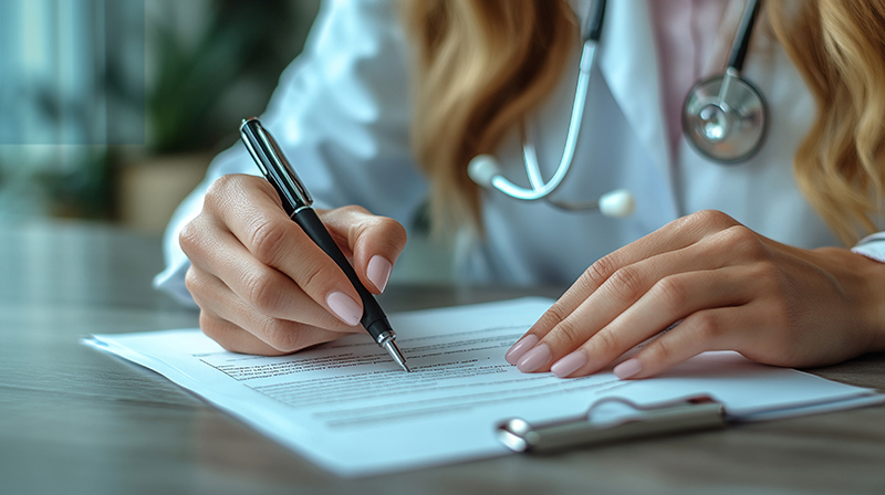 Eine Ärztin, von der nur der Oberkörper und die Hände zu sehen sind, sitzt an einem Tisch und schreibt etwas auf einem Klemmbrett