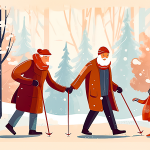 Gemaltes bild von einem älteren Paar, das einem Kind durch eine Schneelandschaft folgt.