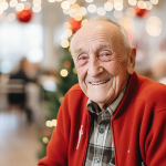 Älterer Herr freut sich in weihnachtlicher Dekoration