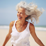 Frau mit grauen Haaren am Strand
