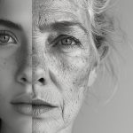 Zweigeteiltes Bild einer Frau: einmal in jung und einmal in alt.