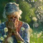 Frau steht in blühender Wiese und leidet unter Allergie