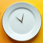 Leerer Teller mit Uhr, der anzeigt wie lange der Teller leer bleiben soll.