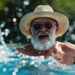 Älterer Mann badet glücklich bei heissem Wetter mit Sonnenhut.