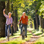 Zwei Senioren fahren durch einen Wald auf dem Fahrrad. Die Sonne scheint und sie wirken fröhlich.