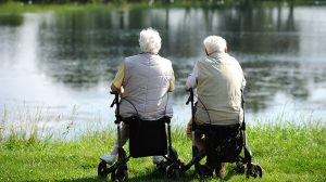 Zwei ältere Menschen sitzen auf Rollatoren und blicken auf einen See