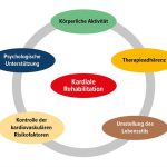 Grafik: Mitte; Kardiale Reha, rund herum; Körperliche Aktivität, Therapieadhärenz, Umstellung des Lebensstils, Kontrolle der kardiovaskulären Risikofaktoren und Psychologische Unterstützung