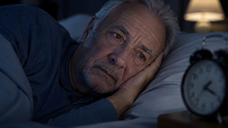 Man awake at night looking worried Mann liegt schlaflos im Bett