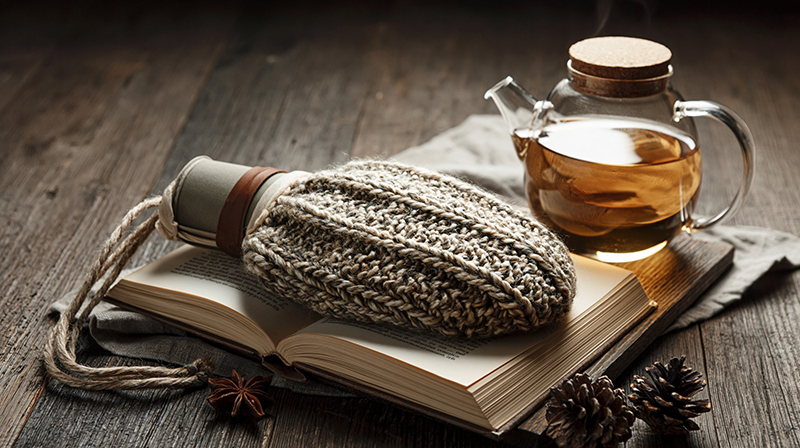 Cozy scene with knitted tea cozy on open book and teapot. Hot wa